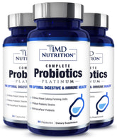 1MD Complete Probiotics Platinum – bouteille visible, suggère une routine probiotique pour le bien-être digestif.