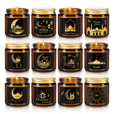 Bougie Aamdkcyu Ramadan Mubarak, verre brun avec lanterne et étoiles pour ambiance spirituelle.