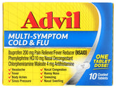 Advil Multi-Symptom pilules, boîte ouverte, soulagement temporaire des symptômes du rhume et grippe.