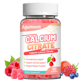 Gommes Agumoon calcium citrate en bouteille rouge-framboise, parfaites pour un apport quotidien.