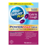 Alka-Seltzer Plus PowerMax gélules liquides dans la boîte 16, démonstration compacte.