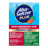 ALKA-SELTZER PLUS Puissance Max, bouteille montrant la formule pour sinus et congestion.