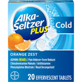 ALKA-SELTZER PLUS tablettes efferventes dans leur emballage orange zeste, préparation rapide.