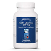 Allergy Research Group Acétyl-L-Carnitine 500 mg — bouteille et gélules, énergie potentielle.