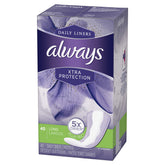 Always Xtra Protection Daily Liners Long emballage avant, pratique au quotidien.