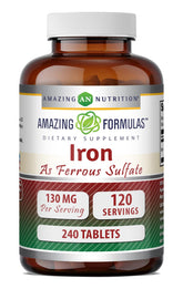 Amazing Formulas Fer Sulfate – boîte et flacon, apport journalier potentiel en fer