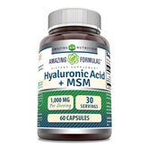 Bouteille Amazing Nutrition acide hyaluronique et MSM 1000 mg pour le confort quotidien.
