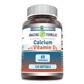 Amazing Nutrition Calcium D3, gélules molles dans bouteille ouverte, facilité d'usage quotidien.