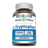 Amazing Formulas L-tryptophane 1000mg, bouteille visible, favorise une détente potentielle après la journée.