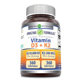 Amazing Nutrition Vitamine D3 10000 UI et K2 200 μg, bouteille 360 capsules.