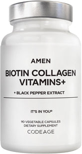 Amen Biotin Collagen: bouteille de 90 capsules pour soutenir cheveux et ongles.