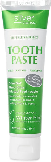 American Biotech Labs dentifrice SilverSol, texture douce pour un nettoyage quotidien.