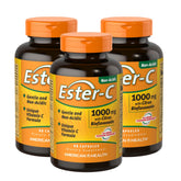 American Health Ester-C 1000 mg, bouteille trois flacons, capsules faciles à prendre au quotidien.