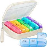 AMOOS Organisateur pilules beige – vue générale pratique et facile à transporter.