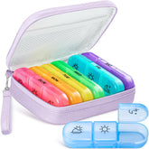 Porte-pilules AMOOS quotidien violet, transport facile pour vos vitamines.