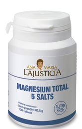 Produit Ana Maria Lajusticia Magnesium 5-en-1, bouteille, énergie durable et bien-être.