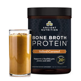 Ancient Nutrition emballage poudre bouillon os caramel salé, pratique et prêt à l'emploi.