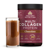 Ancient Nutrition Poudre de collagène chocolat – emballage recto, routine beauté et bien-être
