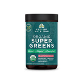 Ancient Nutrition SuperGreens en pot : poudre verte prête à être ajoutée au smoothie, pratique et saine.