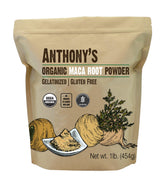 Anthony's Maca bio en poudre gelatinisée dans un bocal, absorption facilitée.