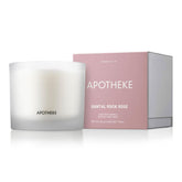 Bougie APOTHEKE Santal Rock Rose, 3 mèches, parfum durable dans son verre.
