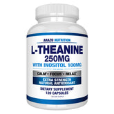 Arazo Nutrition L-Theanine 250mg – bouteille, favorise concentration et calme.