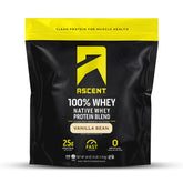 Ascent Whey Native poudre mesurée dans une cuillère pour un apport protéique quotidien.
