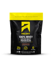 Ascent Whey Protéine en poudre dans emballage avec cuillère, pratique pour démarrer après l'entraînement.
