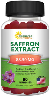 Gommes safran d'aSquared Nutrition, flacon pratique pour usage quotidien et énergie potentielle.