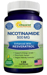 bouteille aSquared Nutrition Nicotinamide avec Resveratrol montrant étiquette et potentiel effet énergie