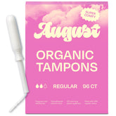 Tampons August coton biologique avec applicateurs longs facilitant l'insertion.