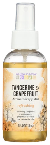 Aura Cacia brume aromathérapie Tangerine et Pamplemousse sur flacon aluminium 4 oz pour ambiance rafraîchissante.