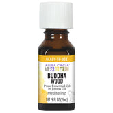 Aura Cacia Buddha Bois — bouteille d'huile jojoba, parfum boisé et prêt à l'emploi.