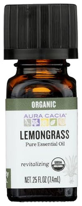 Aura Cacia huile essentielle citronnelle – bouteille, arôme frais idéal pour diffusion.