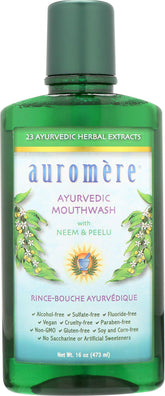 Bouteille Auromere bain de bouche ayurvédique pour une haleine fraîche durable.