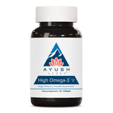 Ayush Herbs High Omega 3 – bouteille et étiquette, peut soutenir le bien-être général grâce aux EPA et DHA.