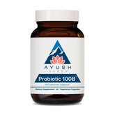Ayush Herbs Probiotic 100B - bouteille montrant le produit, soutien digestif potentiel.