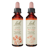 Bach Original Flower Remedies – deux bouteilles Rock Rose et Aspen, soutien émotionnel potentiel.