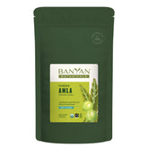 Poudre d'amla Banyan Botanicals en bouteille, soutien potentiel à la digestion.