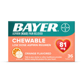 Boîte Bayer aspirine croquable orange 81 mg, pratique pour une routine quotidienne.