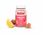 BeLive magnésium citrate gommes en bouteille, texture agréable soutenant l'apport quotidien.