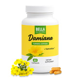 Bella All Natural Damiana – feuilles et emballage, présentation naturelle et pratique.
