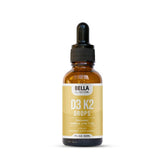 Bella All Natural gouttes D3 K2, bouteille avec pipette, pratique pour routine quotidienne.