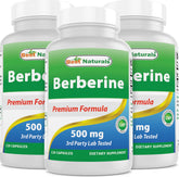 Best Naturals Berberine 500 mg — bouteille plein face, soutien potentiel immunitaire et énergie équilibrée.