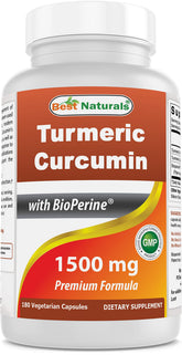 Best Naturals Curcumine 1500 mg en bouteille de 180 gélules végétales, facile à prendre.