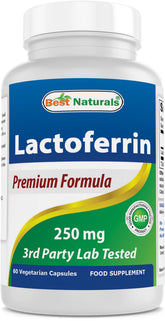 Best Naturals Lactoferrine 250 mg - bouteille avec gélules, soutien potentiel au système immunitaire.