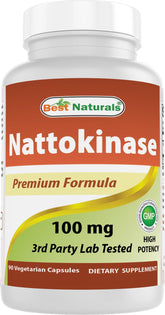 Best Naturals Nattokinase — bouteille et capsules, soutien potentiel de la circulation.
