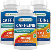 Best Naturals pilules caféine 200 mg dans bouteille, énergie soutenue le matin.