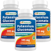 Best Naturals Potassium Gluconate 595 mg, comprimés en bouteille, usage quotidien.