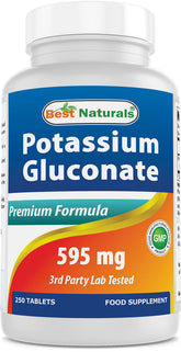 Best Naturals gluconate de potassium - bouteille de 250 comprimés pour un apport quotidien.